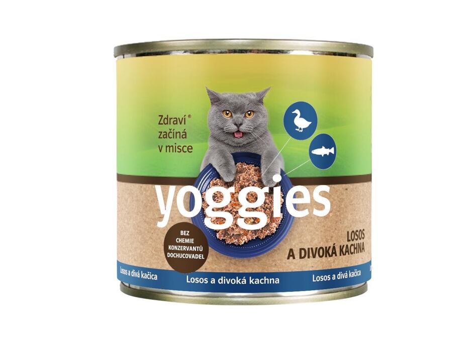 Yoggies konzerva pro kočky Losos a divoká kachna 185 g
